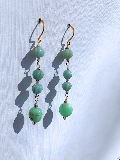 Amazonite, Austrian Crystal, Chrysophase, Gold Earring